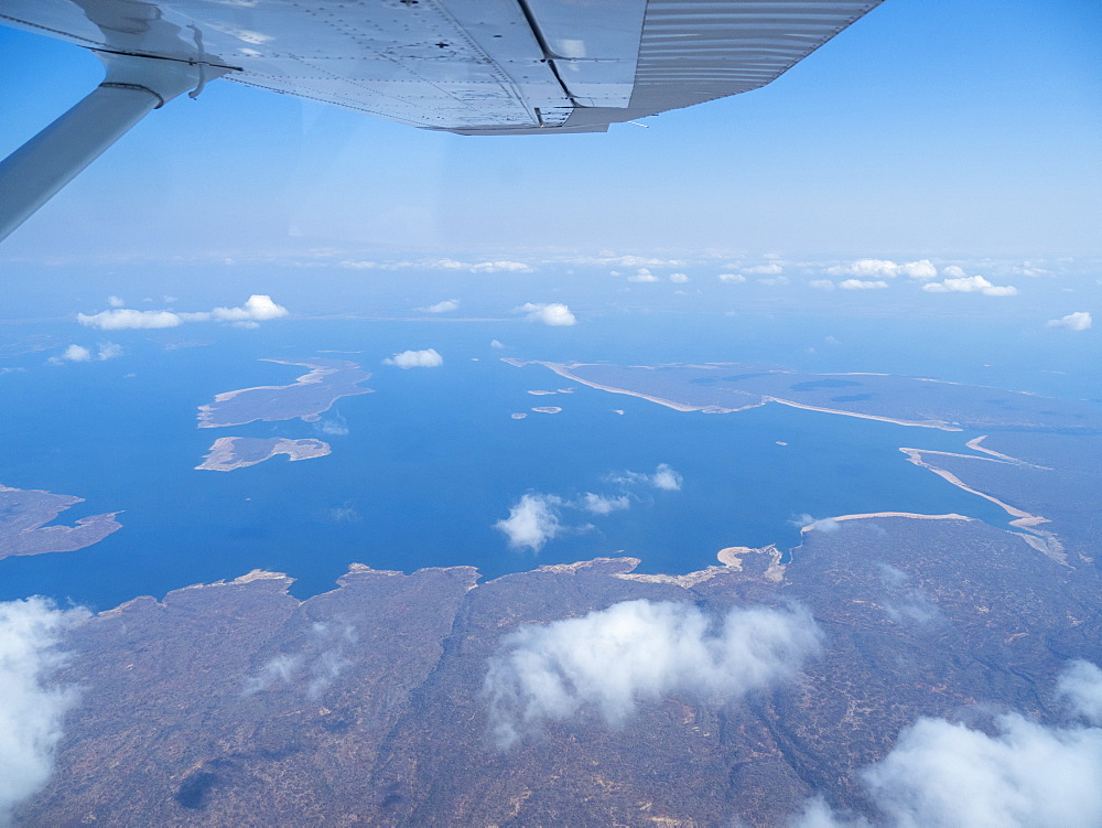 Aerial view of Lake Kariba, the world's largest man-made lake and reservoir by volume, Zimbabwe, Africa