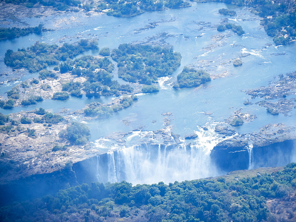 Aerial view of Victoria Falls on the Zambezi River, UNESCO World Heritage Site, straddling the border of Zambia and Zimbabwe, Africa