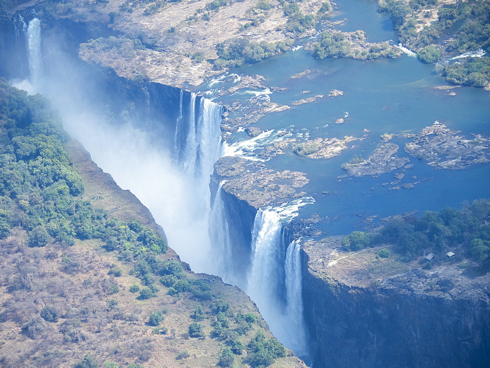 Aerial view of Victoria Falls on the Zambezi River, UNESCO World Heritage Site, straddling the border of Zambia and Zimbabwe, Africa