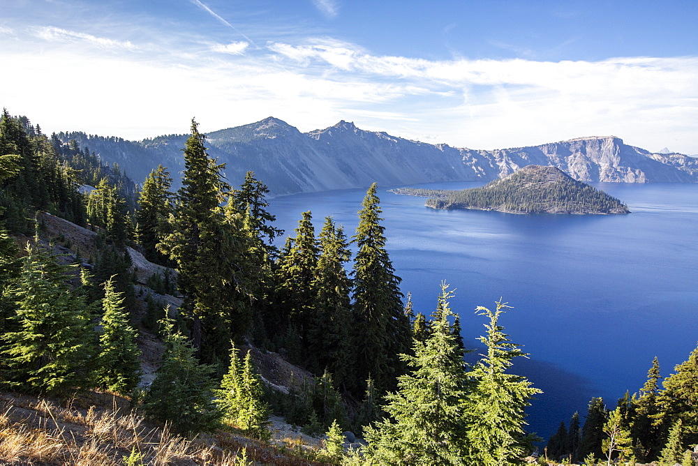 Wizard Island in Crater Lake, the deepest lake in the United States, Crater Lake National Park, Oregon, United States of America, North America