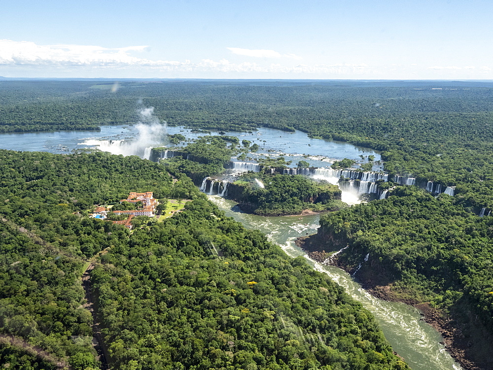 Aerial view by helicopter of Iguacu Falls (Cataratas do Iguacu), UNESCO World Heritage Site, Parana, Brazil, South America