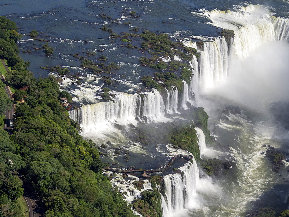 Aerial view by helicopter of Iguacu Falls (Cataratas do Iguacu), UNESCO World Heritage Site, Parana, Brazil, South America