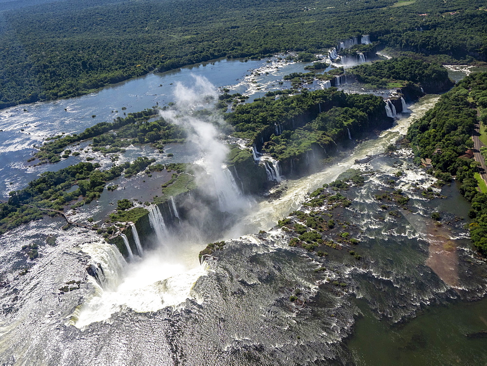 Aerial view by helicopter of Iguacu Falls (Cataratas do Iguacu), UNESCO World Heritage Site, Parana, Brazil, South America