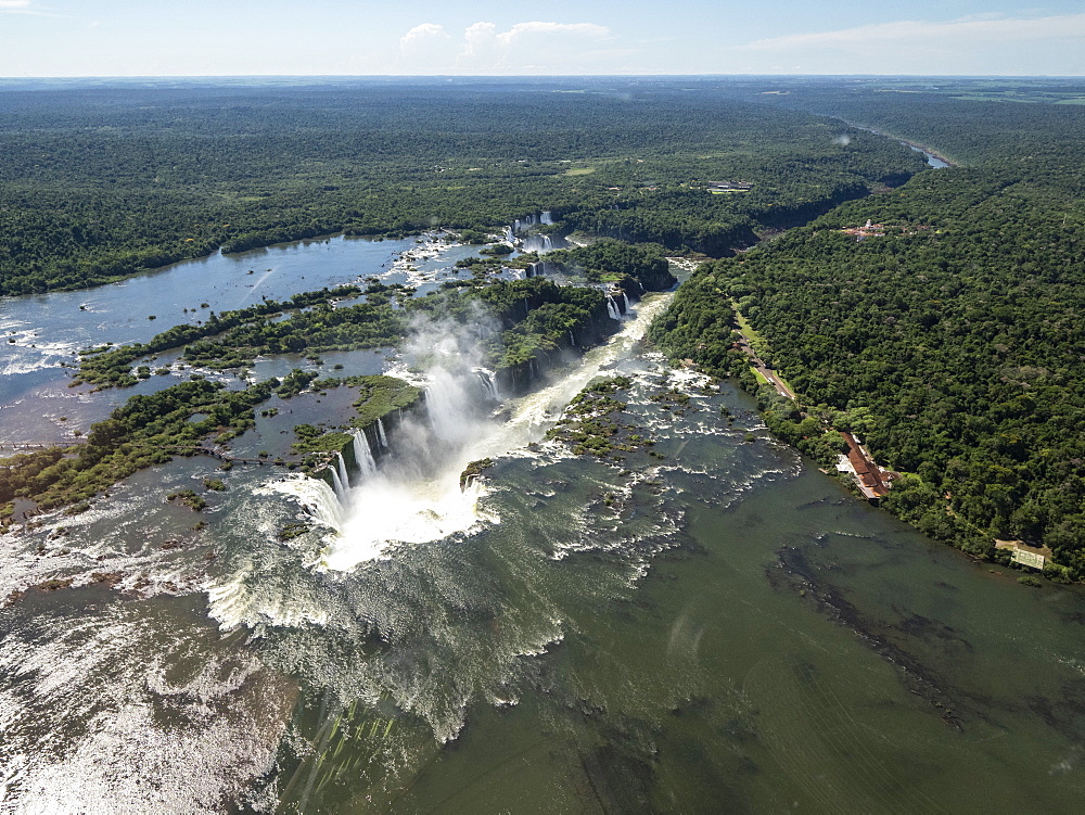 Aerial view by helicopter of Iguacu Falls (Cataratas do Iguacu), UNESCO World Heritage Site, Parana, Brazil, South America