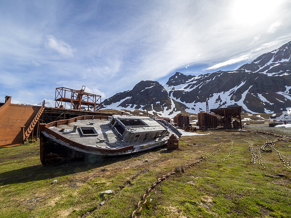 Rusting machinery at the abandoned Norwegian whaling station at Grytviken, East Cumberland Bay, South Georgia, Polar Regions