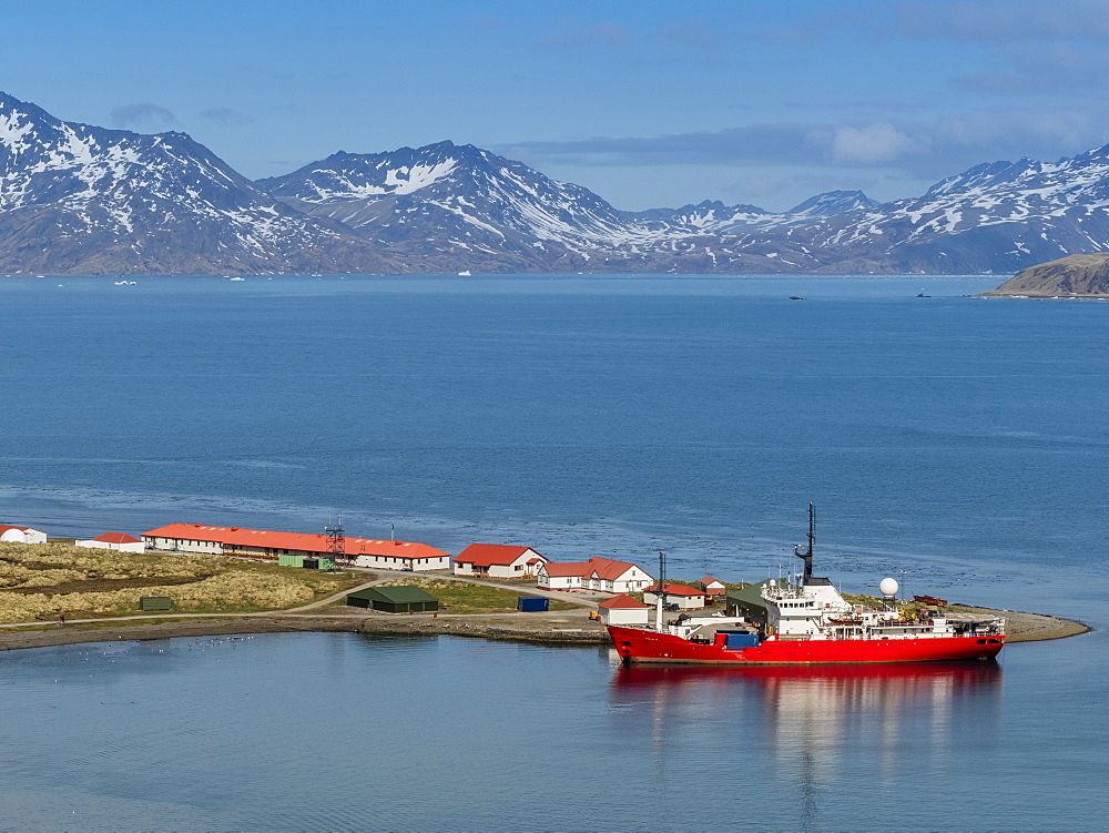 British Antarctic Survey research ship at King Edward Point in East Cumberland Bay, South Georgia, Polar Regions