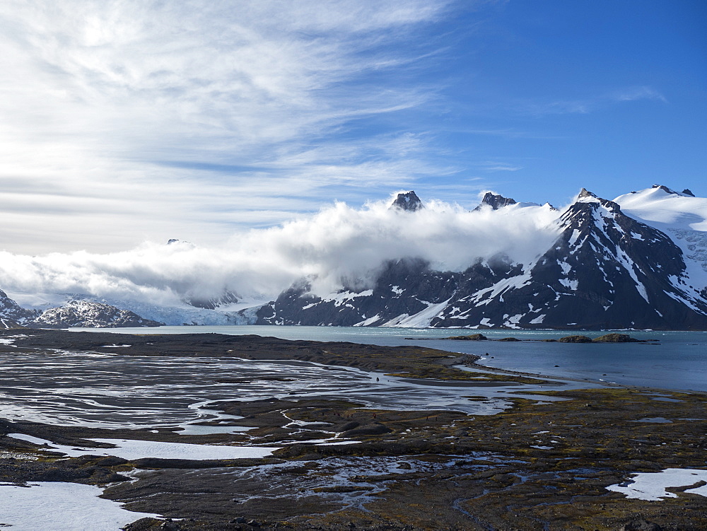 Snow-covered mountains and glaciers in King Haakon Bay, South Georgia, Polar Regions