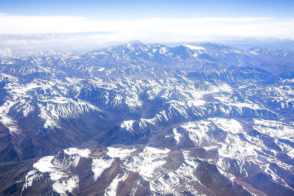 Aerial view of the snow-capped Andes Mountain Range, Chile, South America