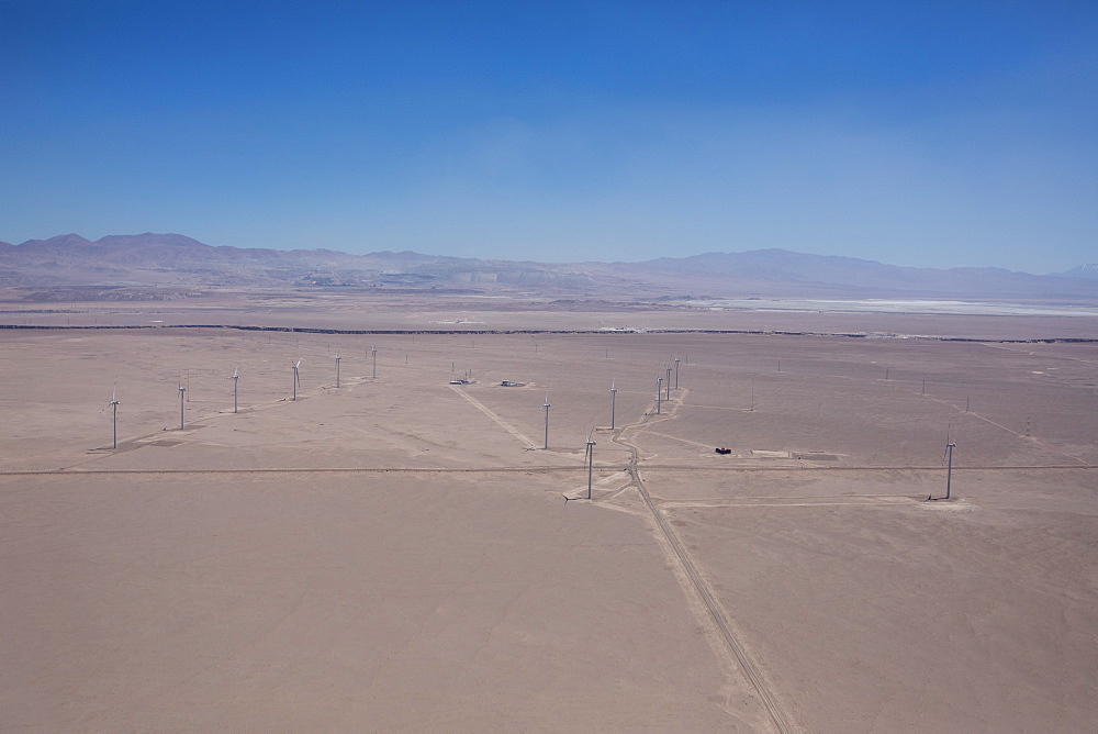 Aerial view of a wind farm in the Atacama Desert, Antofagasta Region, Chile, South America