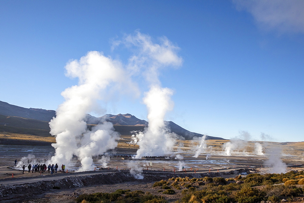 Tourists at the Geysers del Tatio (El Tatio), the third largest geyser field in the world, Andean Central Volcanic Zone, Antofagasta Region, Chile, South America