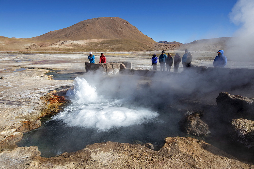 Tourists at the Geysers del Tatio (El Tatio), the third largest geyser field in the world, Andean Central Volcanic Zone, Antofagasta Region, Chile, South America