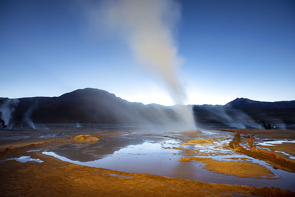 Pre-dawn light on the Geysers del Tatio (El Tatio), the third largest geyser field in the world, Andean Central Volcanic Zone, Antofagasta Region, Chile, South America