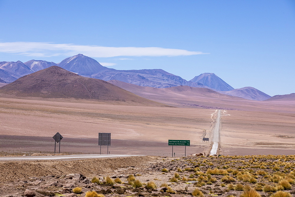 Highway going through stratovolcanoes in the Andean Central Volcanic Zone, Antofagasta Region, Chile, South America