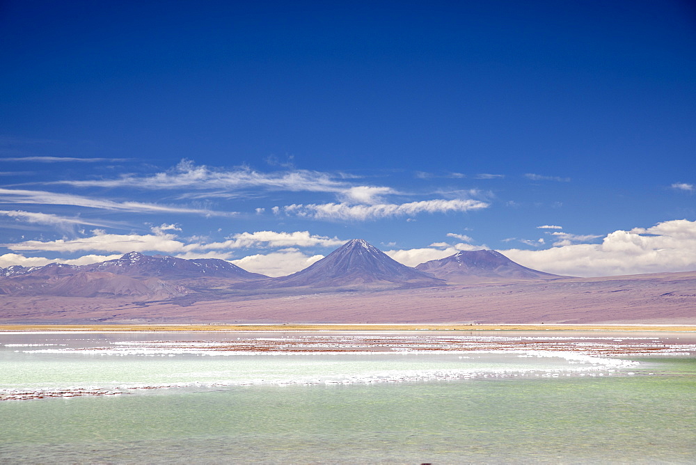 Laguna Tebenquicne, a salt water lagoon in the Salar de Atacama, Los Flamencos National Reserve, Chile, South America