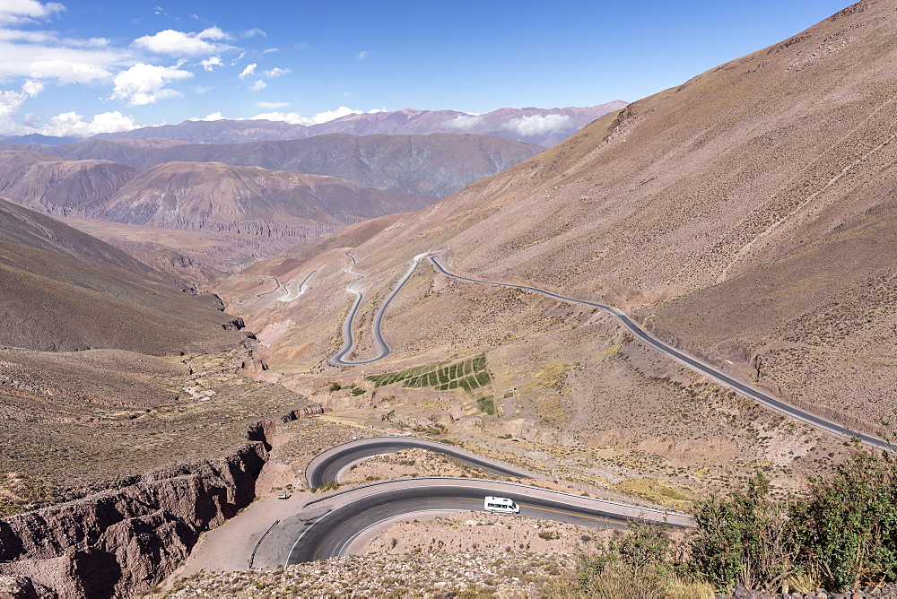 Route 52, a steep road leading to Piedra del Molino Pass, Los Cardones National Park, Salta Province, Argentina, South America