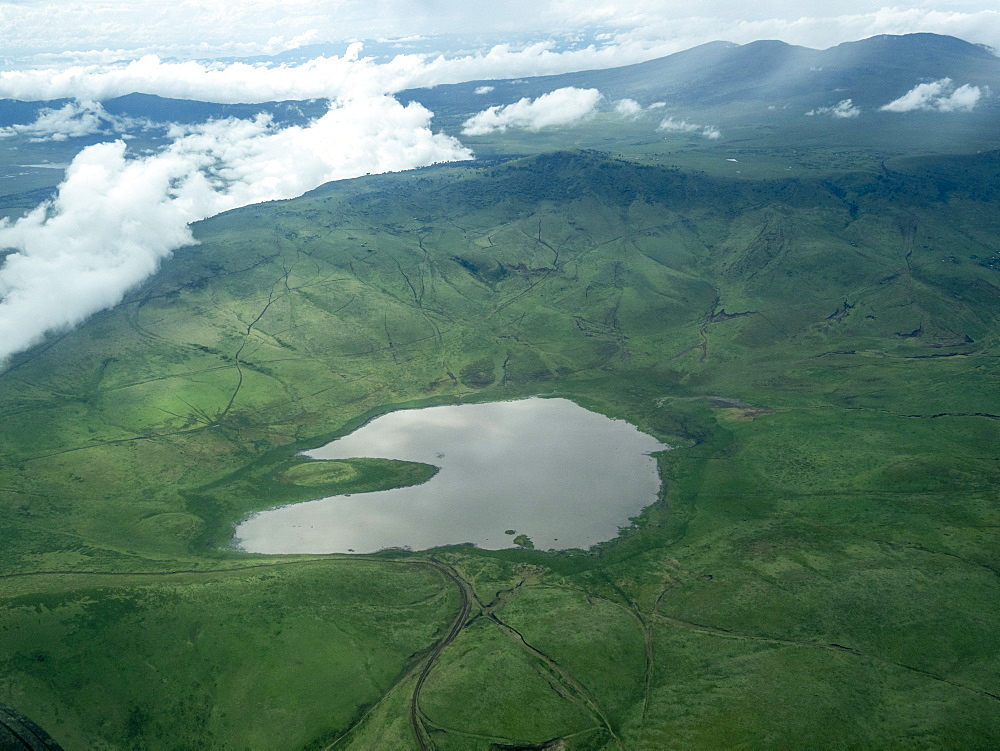 Aerial view of Ngorongoro Crater in the Ngorongoro Conservation Area, UNESCO World Heritage Site, Tanzania, East Africa, Africa