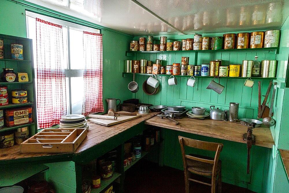 Interior of former British Base A, now a museum and post office at Port Lockroy on tiny Goudier Island, Antarctica, Polar Regions