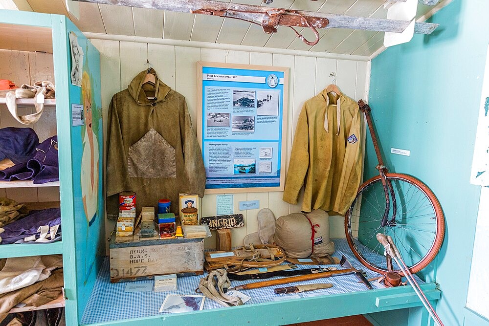 Interior of former British Base A, now a museum and post office at Port Lockroy on tiny Goudier Island, Antarctica, Polar Regions