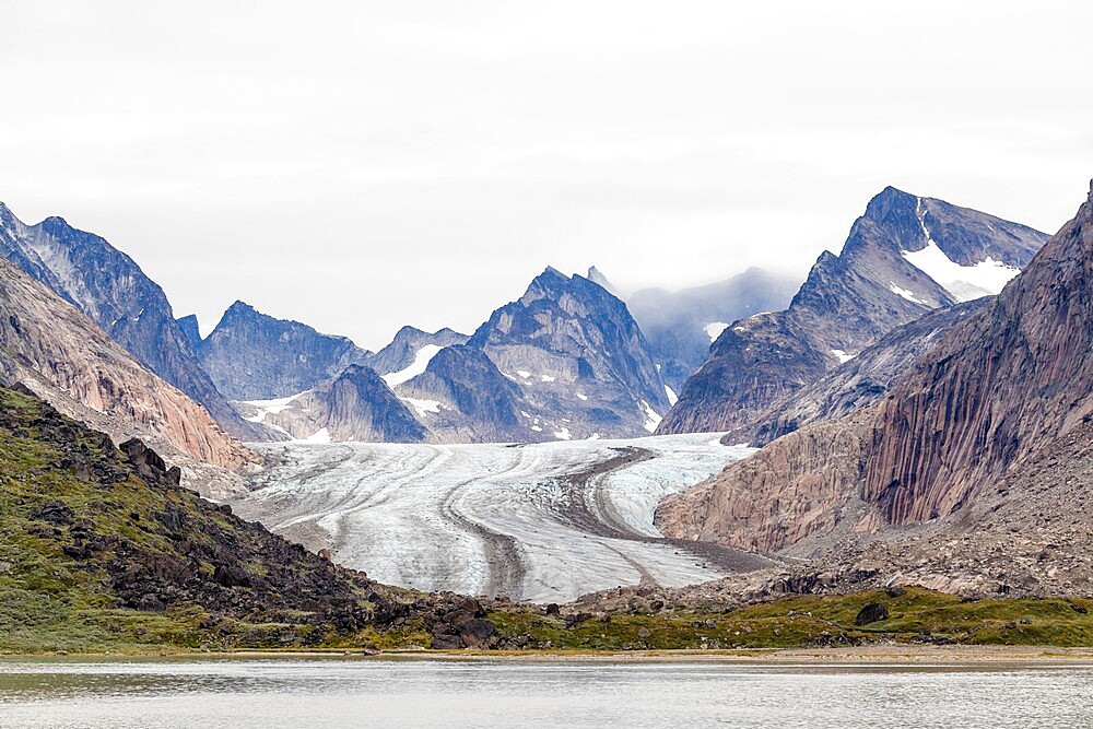 The tidewater Igdlorssuit Glacier reaching down to the sea, Prins Christian Sund, Greenland, Polar Regions