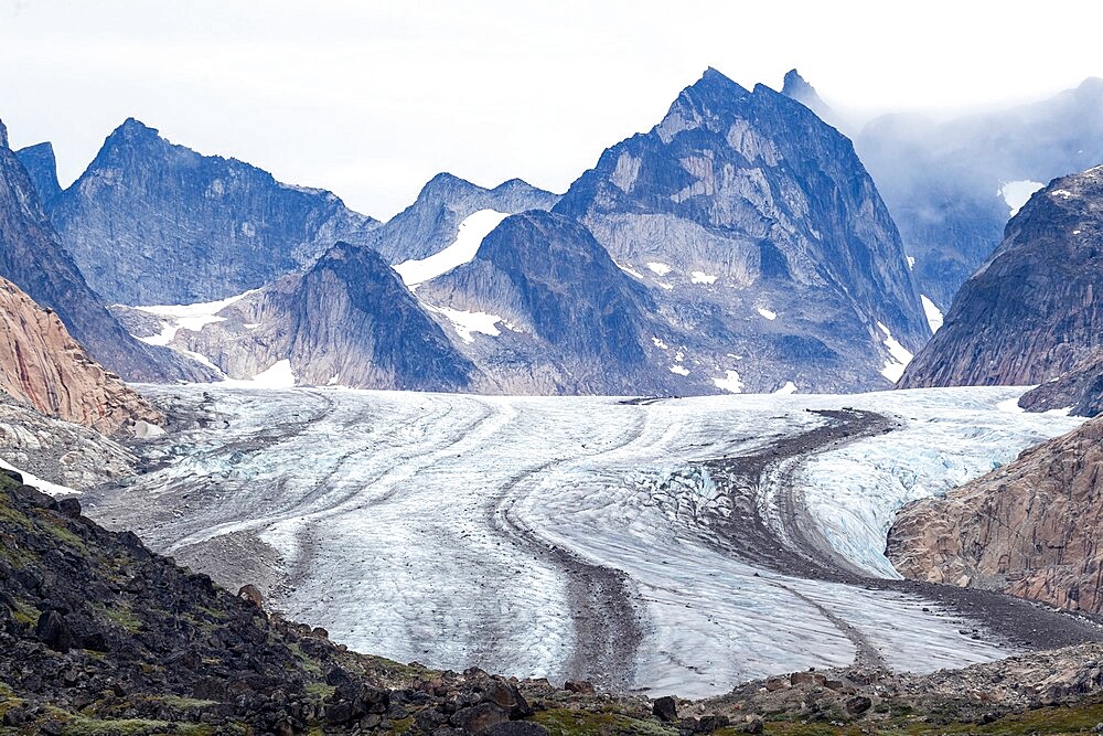 The tidewater Igdlorssuit Glacier reaching down to the sea, Prins Christian Sund, Greenland, Polar Regions