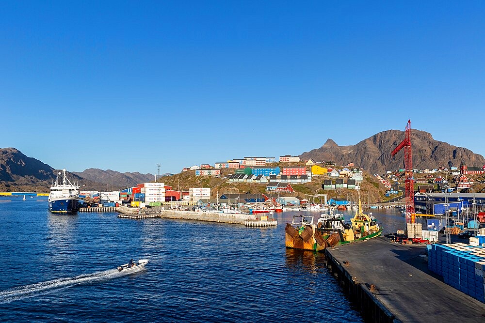 The harbor in Sisimiut, in Danish Holsteinsborg, on Davis Strait, the second-largest city in Greenland, Polar Regions