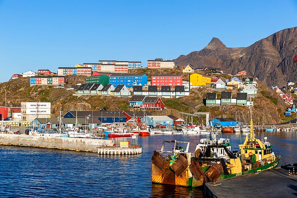 The harbor in Sisimiut, in Danish Holsteinsborg, on Davis Strait, the second-largest city in Greenland, Polar Regions