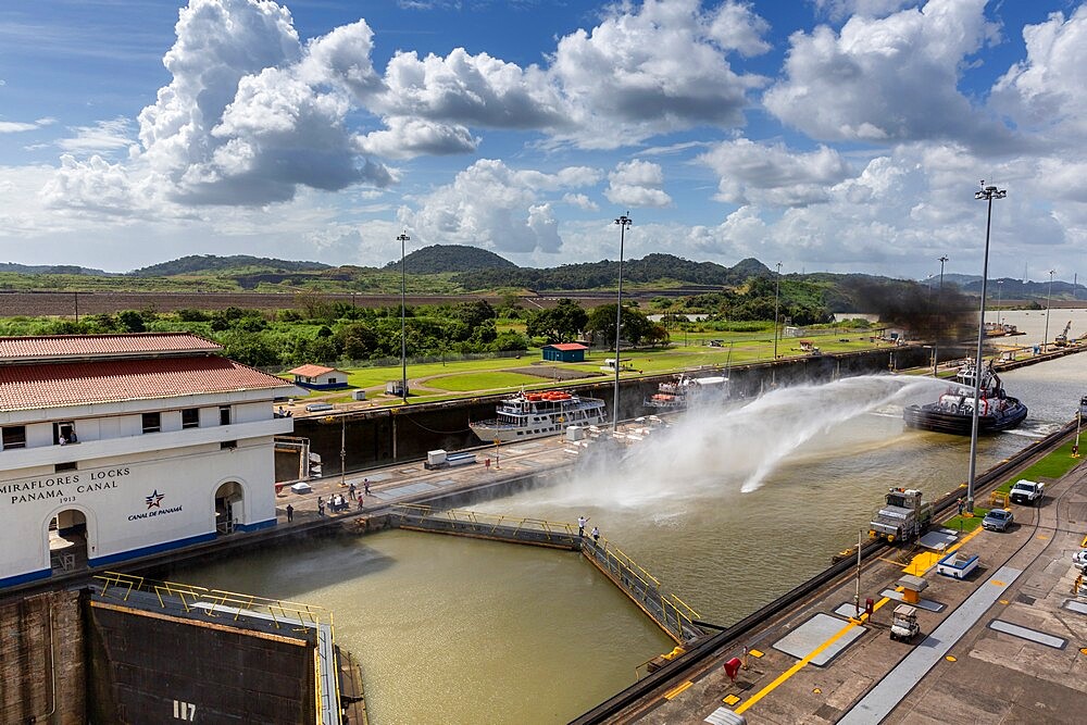 Ships in transit in the Miraflores Locks towards Lake Gatun, near Gamboa, Panama Canal, Panama, Central America