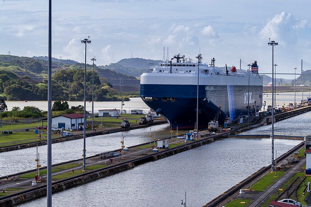 Ships in transit in the Miraflores Locks towards Lake Gatun, near Gamboa, Panama Canal, Panama, Central America