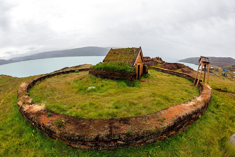 Norse chapel at the reconstruction of Erik the Red's Norse settlement at Brattahlid, southwestern Greenland, Polar Regions