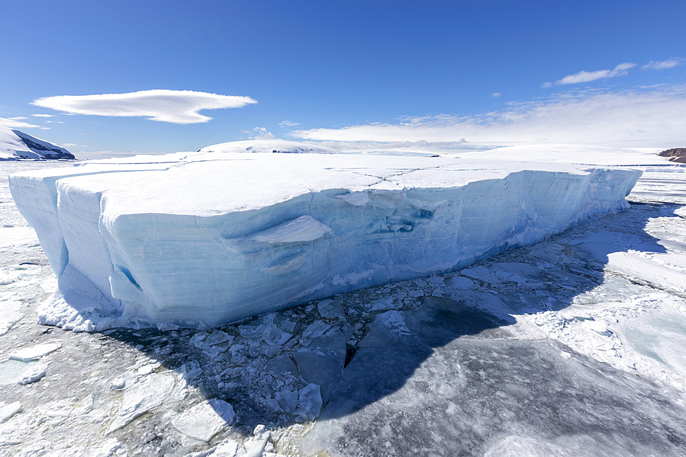 Iceberg amongst winter sea ice breaking up in the Weddell Sea, Antarctica, Polar Regions