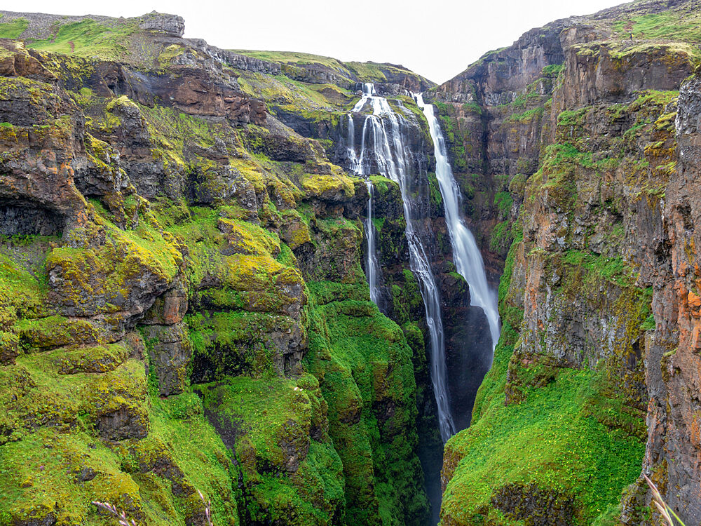 View of the Botnsv River and Glymur Waterfall, at 198 meters Iceland's tallest waterfall, Iceland, Polar Regions