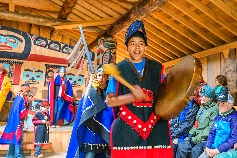 Tlingit performance in the longhouse on the Chilkat River, Haines, Southeast Alaska, United States of America, North America