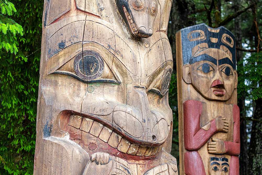 Totem poles in Freedom Park, just outside the city of Sitka, Southeast Alaska, United States of America, North America