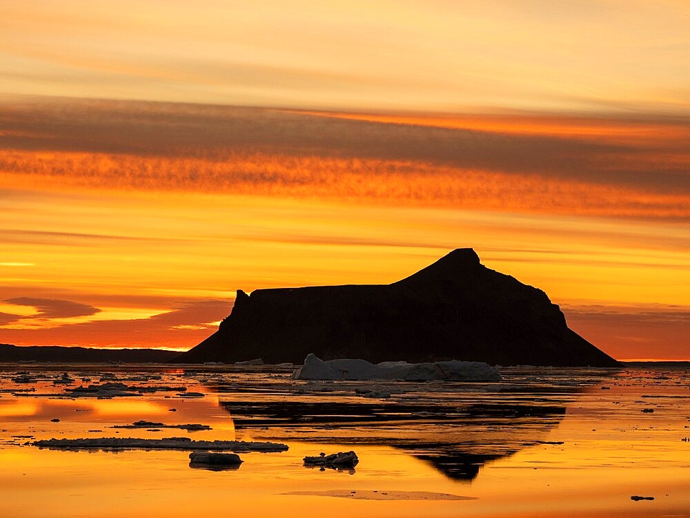 Sunset over tabular and glacial ice near Snow Hill Island, Weddell Sea, Antarctica, Polar Regions