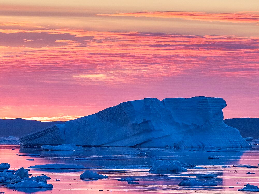 Sunset over tabular and glacial ice near Snow Hill Island, Weddell Sea, Antarctica, Polar Regions