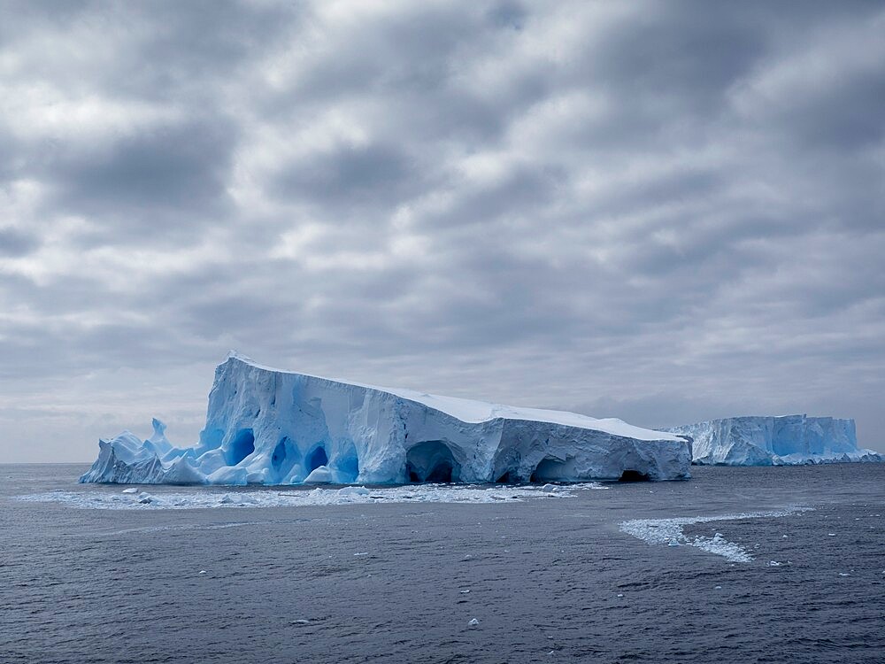 A large iceberg with holes and arches formed in it near Coronation Island, South Orkneys, Antarctica, Polar Regions