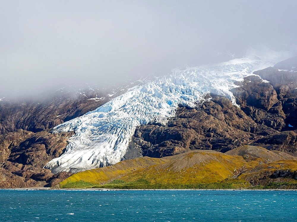 Ice and snow covered mountains with glaciers in King Haakon Bay, South Georgia, South Atlantic, Polar Regions