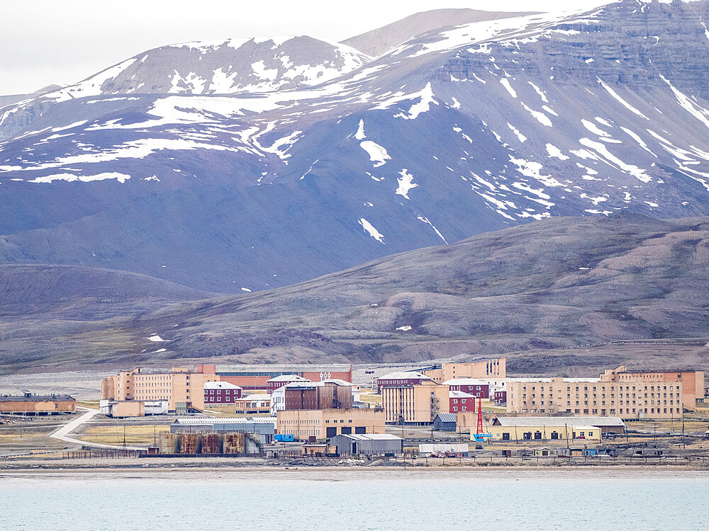 A view of the abandoned coal mining town of Pyramiden, Spitsbergen, Svalbard, Norway, Europe