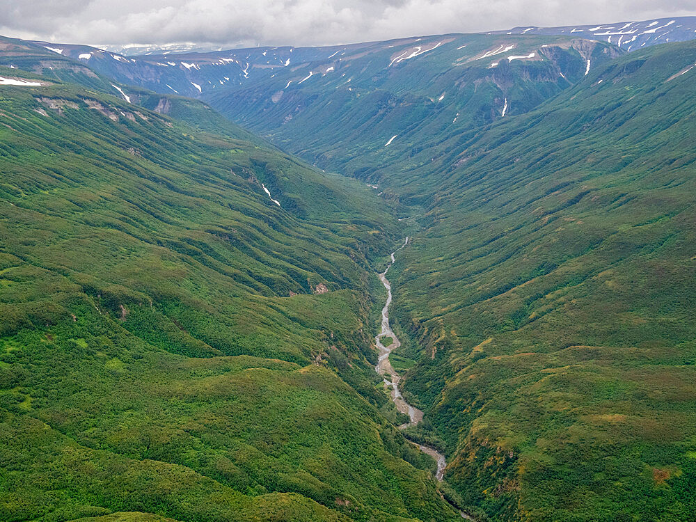 Aerial view of mountains and streams in Lake Clark National Park, Alaska, United States of America, North America