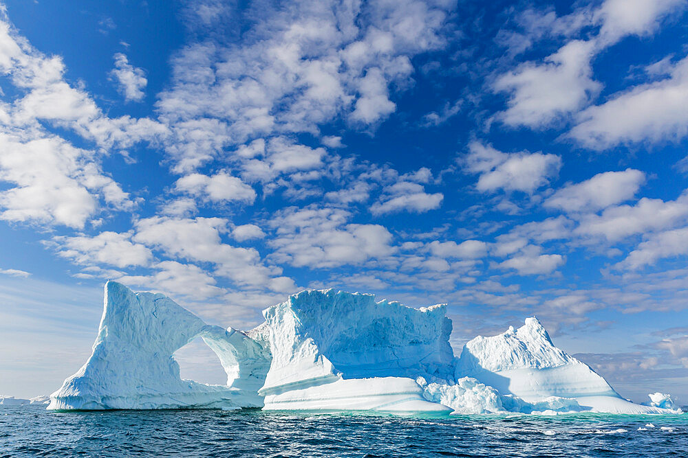 Huge icebergs from the Ilulissat Icefjord stranded on a former terminal moraine in Ilulissat, Greenland, Denmark, Polar Regions