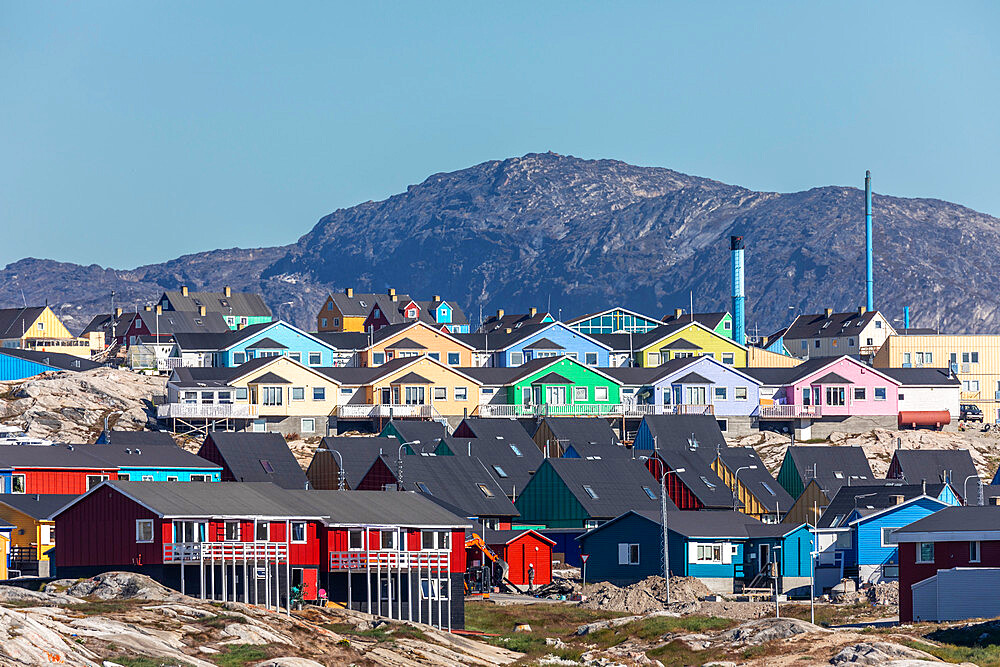 A view of colorfully painted houses in the city of Ilulissat, Greenland, Denmark, Polar Regions