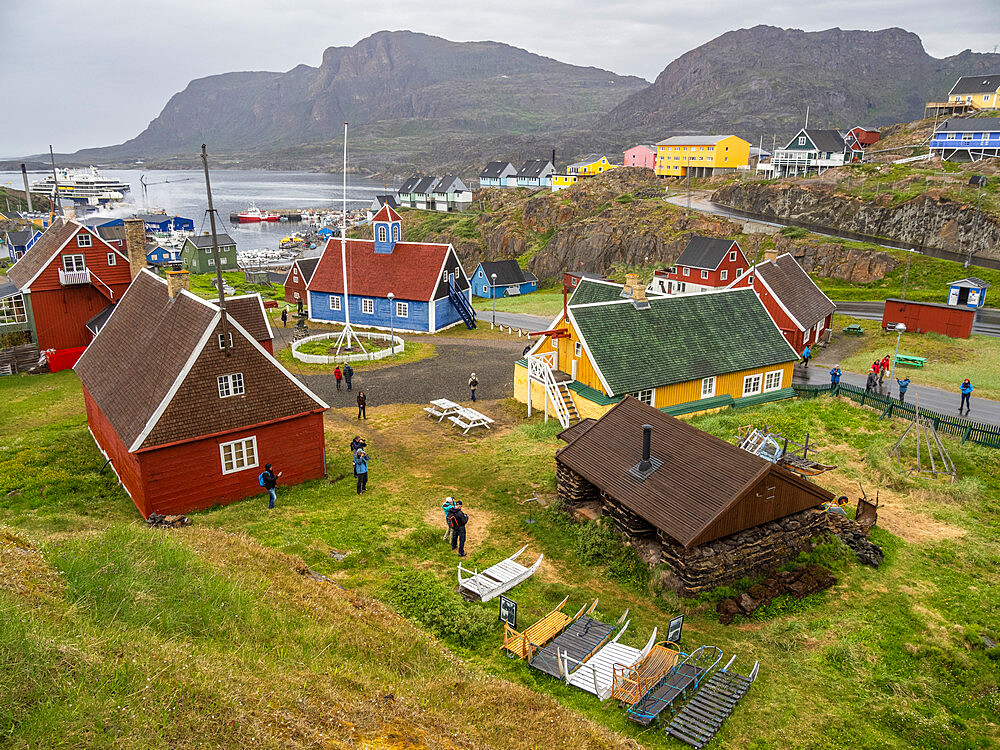 A view of the Bethel Church, blue building built in 1775, in the Town centre in the city of Sisimiut, Greenland, Denmark, Polar Regions