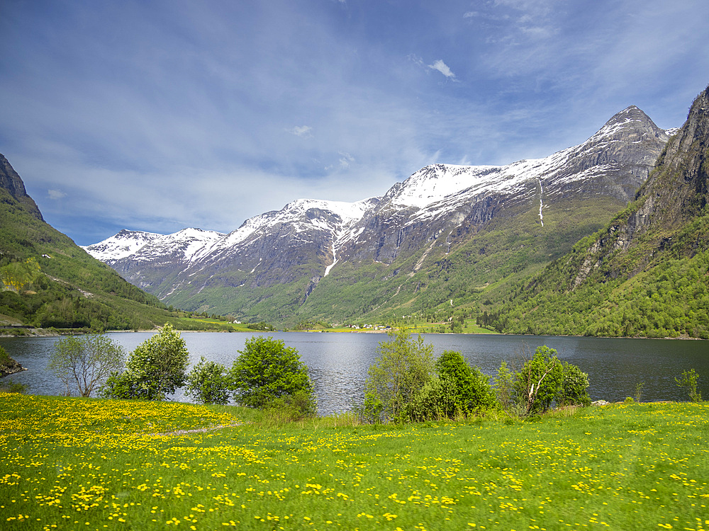 A view of houses along the shore of Lake Oldevatnet, within the Oldedalen River Valley, Vestland, Norway, Scandinavia, Europe