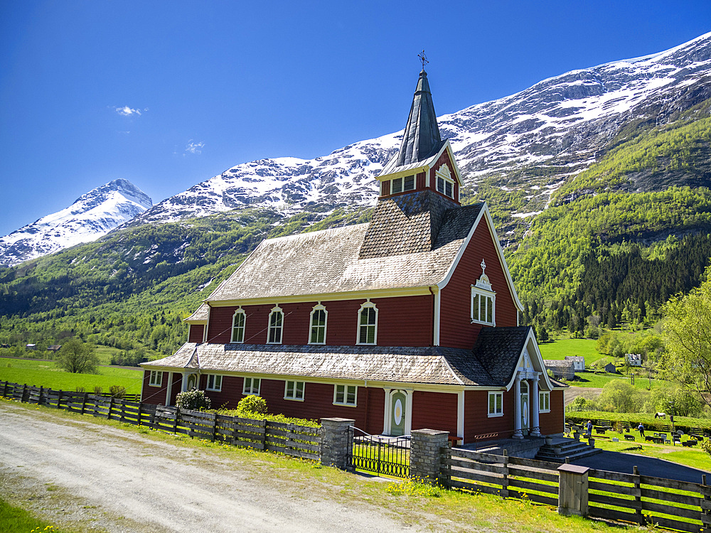 A view of the Olden Church (Olden Kyrkje), within the Oldedalen River Valley, Vestland, Norway, Scandinavia, Europe