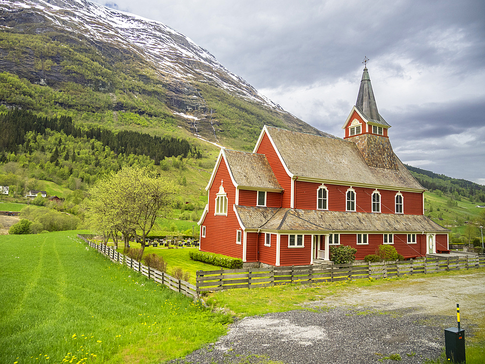 A view of the Olden Church (Olden Kyrkje), within the Oldedalen River Valley, Vestland, Norway, Scandinavia, Europe