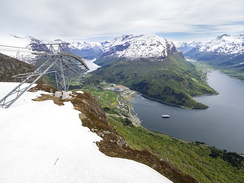 A view of the town of Loen from the aerial tramway Loen Skylift from Mount Hoven above Nordfjord in Stryn, Vestland, Norway, Scandinavia, Europe