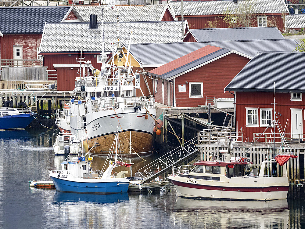 A view of the town of Reine, a fishing village on Moskenesoya in the Lofoten archipelago, Norway, Scandinavia, Europe