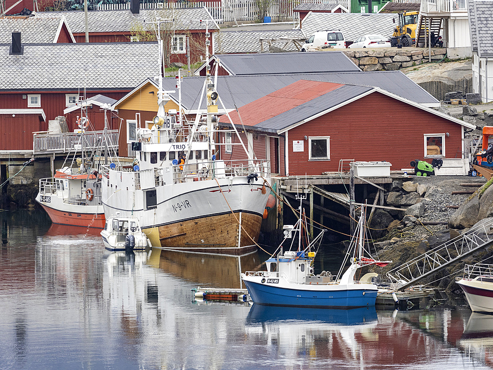 A view of the town of Reine, a fishing village on Moskenesoya in the Lofoten archipelago, Norway, Scandinavia, Europe