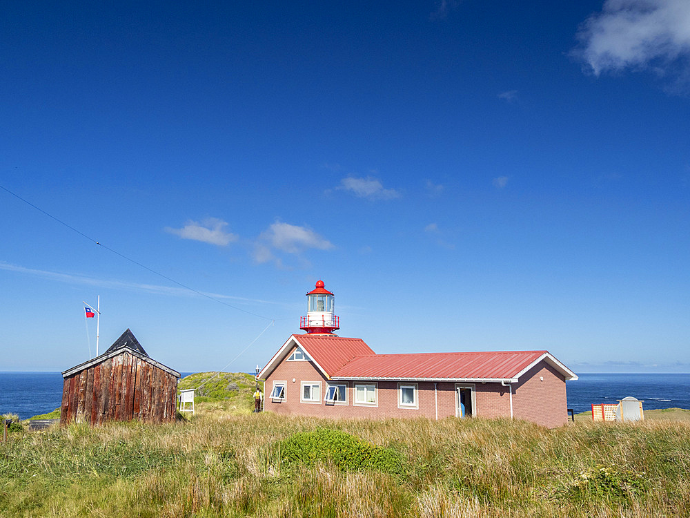 The Cape Horn lighthouse and small chapel at Cape Horn, Cabo de Hornos National Park, Hornos Island, Chile, South America