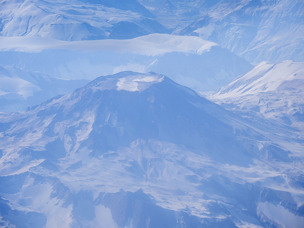 View of the Andes Mountains on a commercial flight from Santiago to Ushuaia, Chile, South America